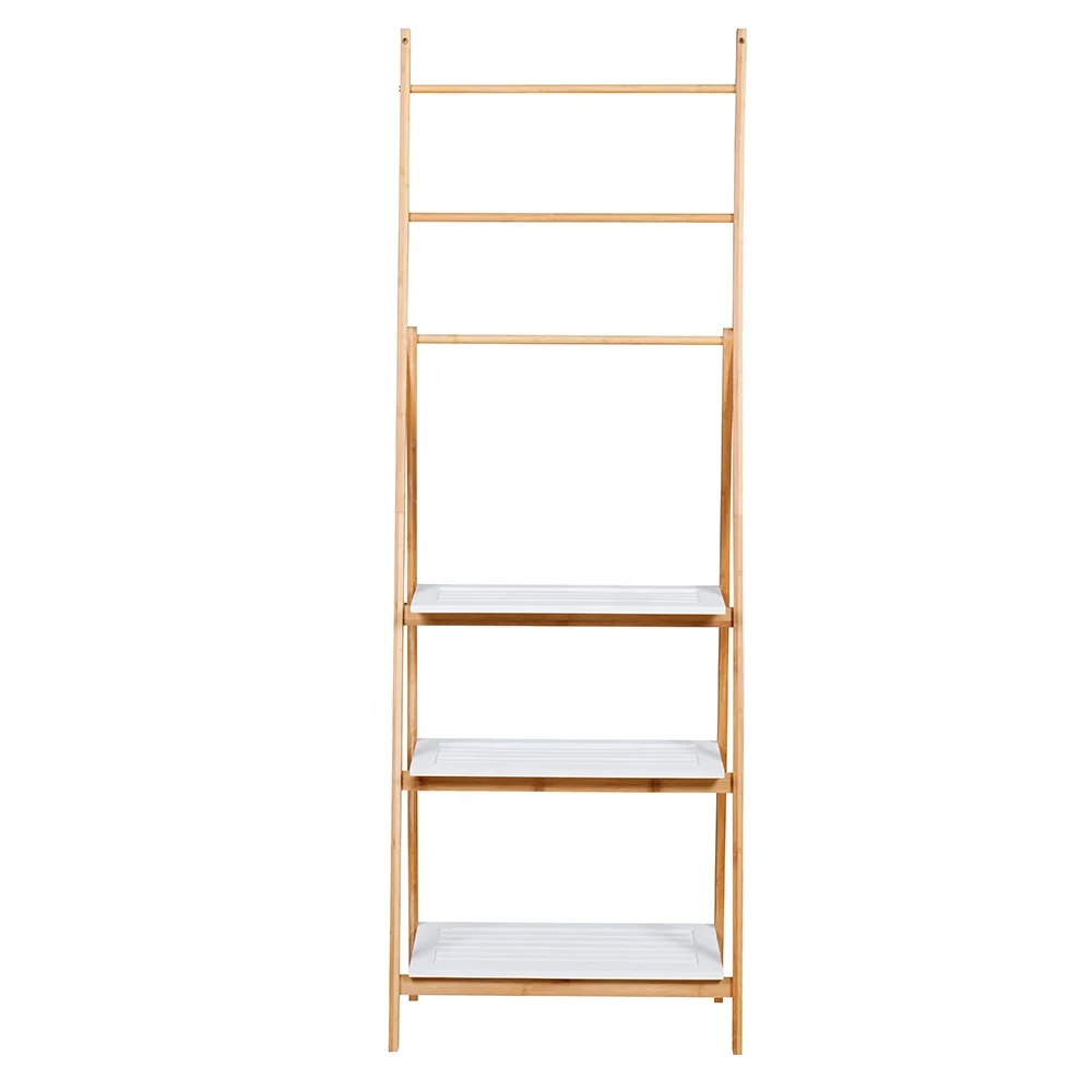 OEM free standing bamboo wood folding hanging ladder shelf towel rack