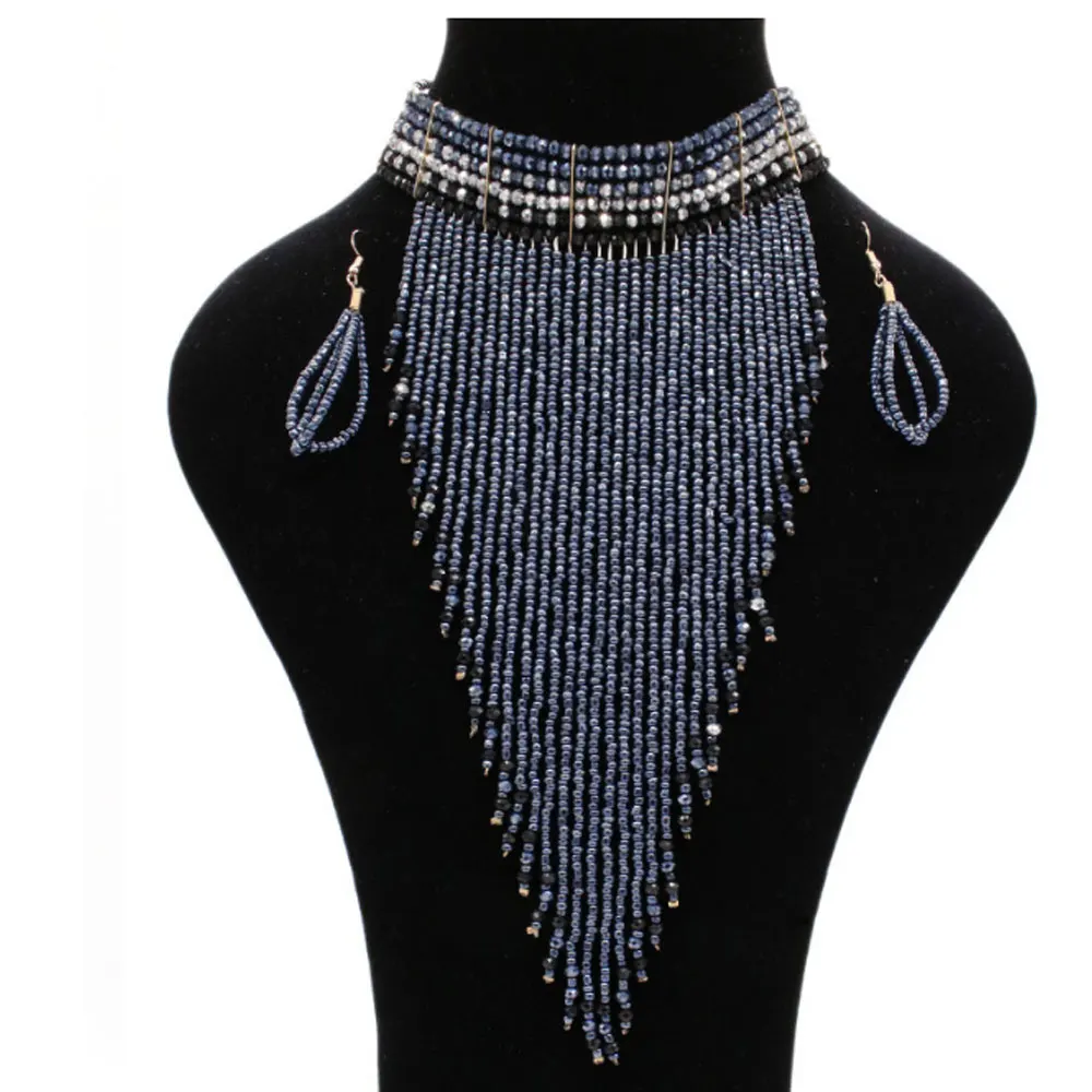 Traditional ethnic zulu collier femme africain South Cascade Zulu maasai beaded fringe long pendant necklace earring jewelry set