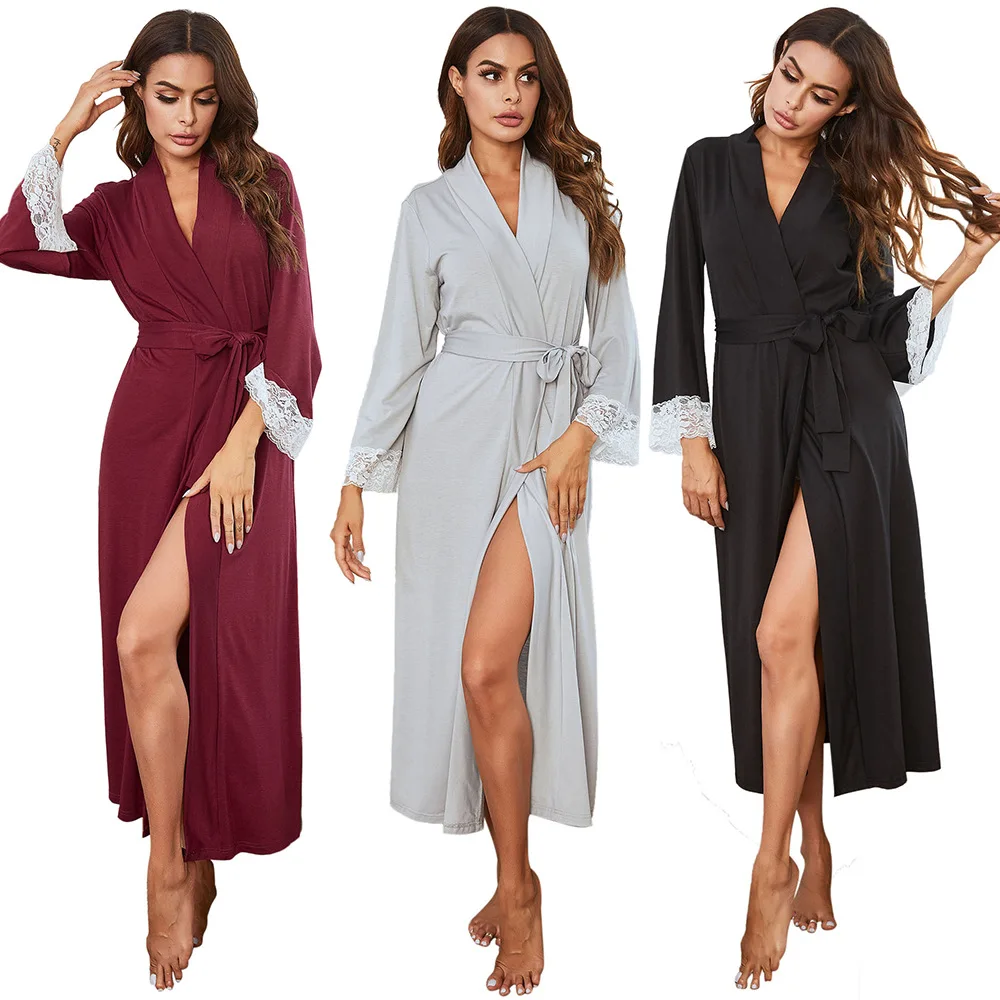 High Performance Solid Color Long Sleeve Bamboo Woman Casual Pajamas For Spring 2pcs Nightgown