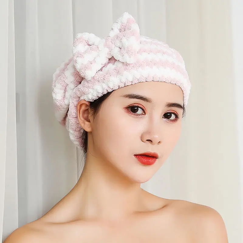 2022 New design wholesale bulk solid stripe super dry hair salon cotton microfiber hair towel with bow