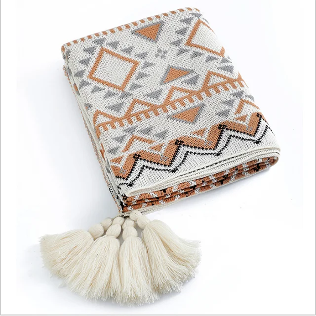 Bohemian Geometric Design Acrylic Blanket With Tassel