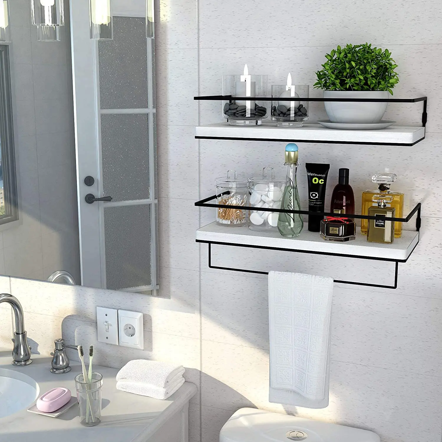 Household Storage Kitchen Shower Rack Bathroom Gold Metal Corner Shelf Wall Mounted Big Wall Shelf With Towel Hanger