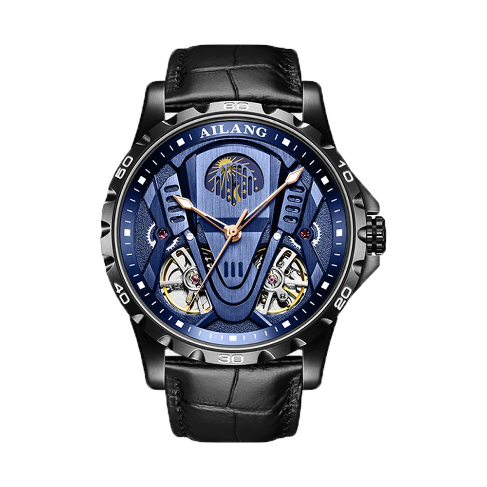 Custom logo Leather Skeleton Tourbillion Automatic Mechanical Watch for Men High Quality Luxury Brand