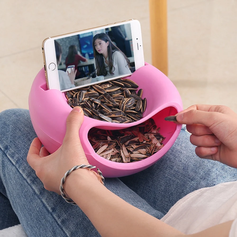 Bowl with phone holder Creative Lazy Fruit Dish Snacks Nut Melon Seeds Bowl Double Layer Plastic Candy Plate
