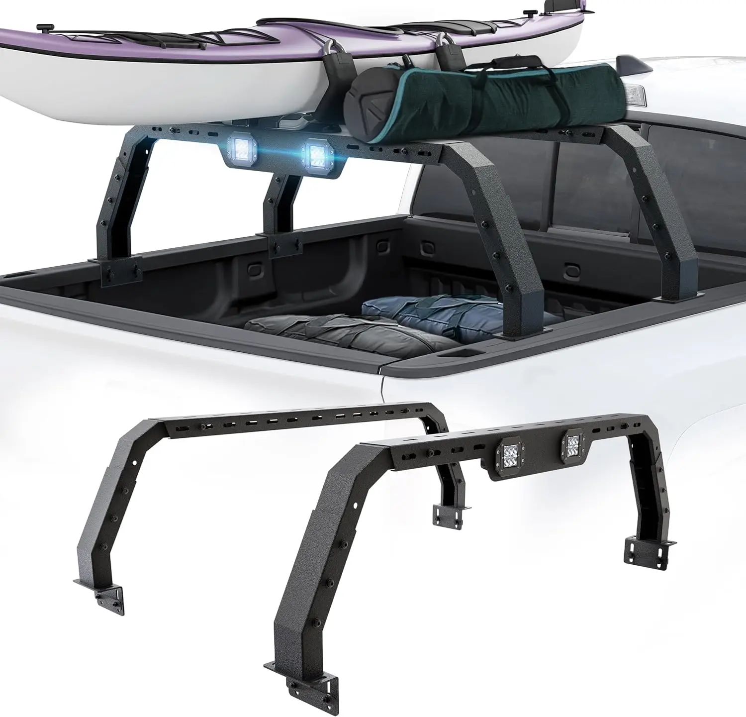 Adjustable 500 LBS Truck Cargo Carrier Bed Rack 2 LED Light Bar Roof Rack Car Mount Toyota Tacoma Jeep Gladiator JT Kayak