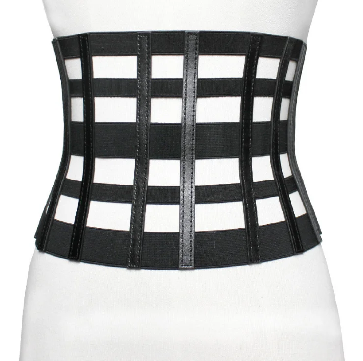 Wide Hollow Elastic Cinch PU Belt Black