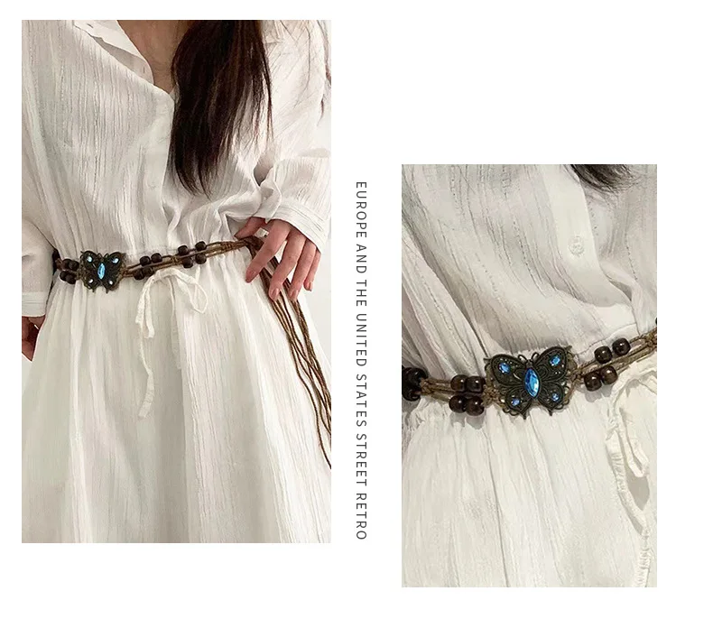 Handmade Bohemian Ethnic Style Czech Knitted Belts Comfortable  Casual Woven Strap Butterfly Shape Rhinestone Leisure Holidays