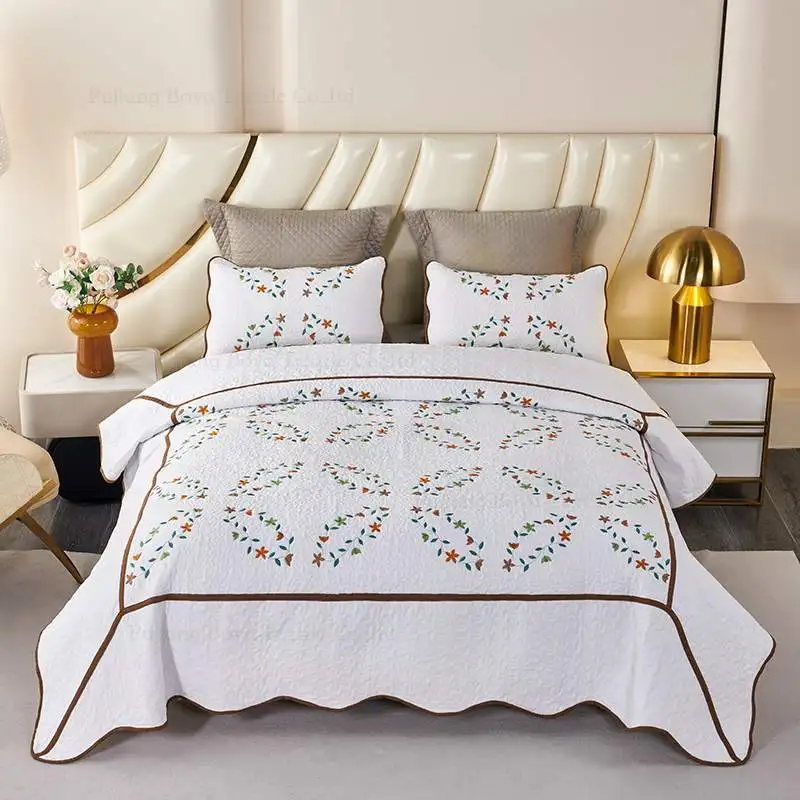 Embroidery Style Polyester Microfiber Material Flower Pattern  Bedding Good Quality  3pcs Bedspread Set Use At Home