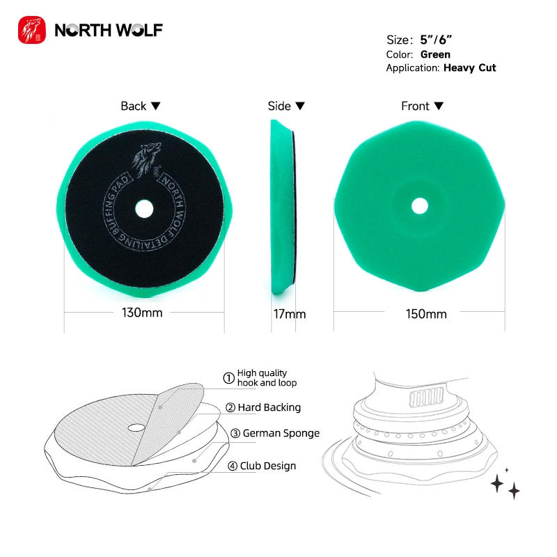 North Wolf Factory Foam Buffing Pad Auto Detailing Supplies Green Cutting Sponge Polish Pad