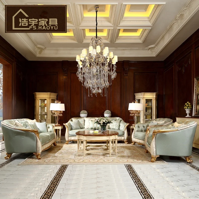 European Style Living Room Genuine Leather Sofa Sets Classical Design Antique Furniture