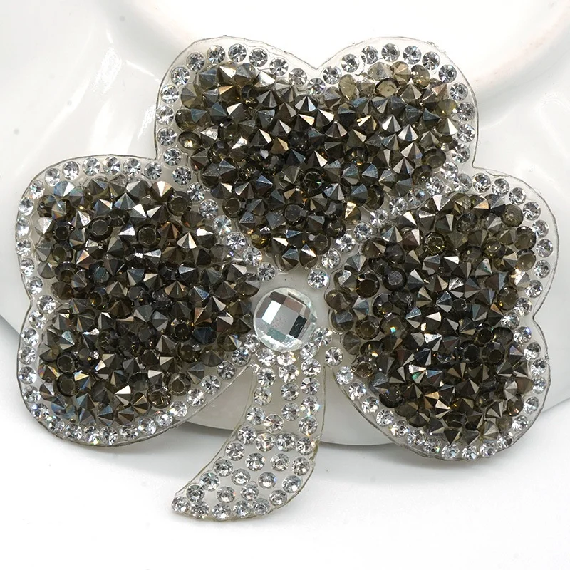 Wholesale Fashion Dress DIY Accessory Iron On Patch Hot Melt Black And Clear Crystal Rhinestone Flower Applique Patch