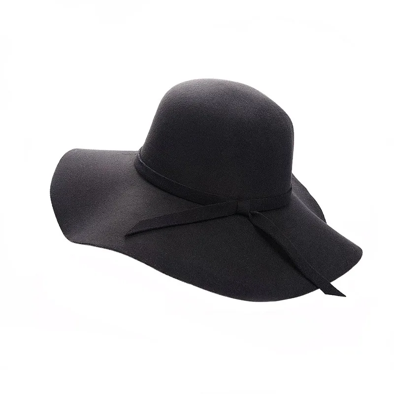 Wholesale Custom Soft Jazz Hat Retro Big Brimmed Bow Winter Felt Top Hat Fedora Hat