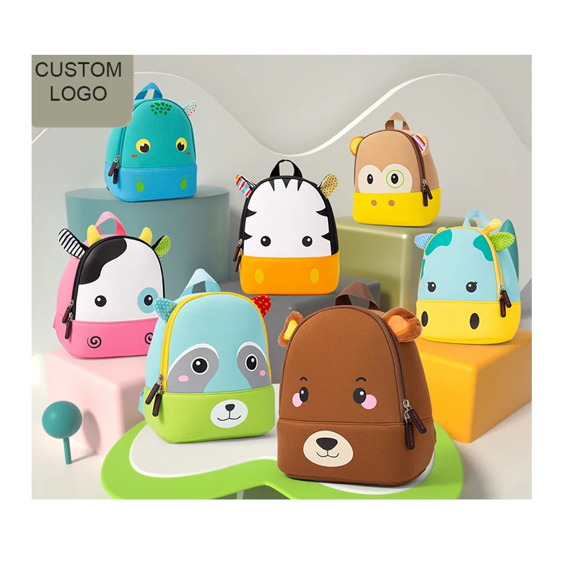 Custom Logo Travel Trendy Neoprene Waterproof Cartoon Cute Animal Backpack Toddler Bag Baby Kindergarten Kids School Bags