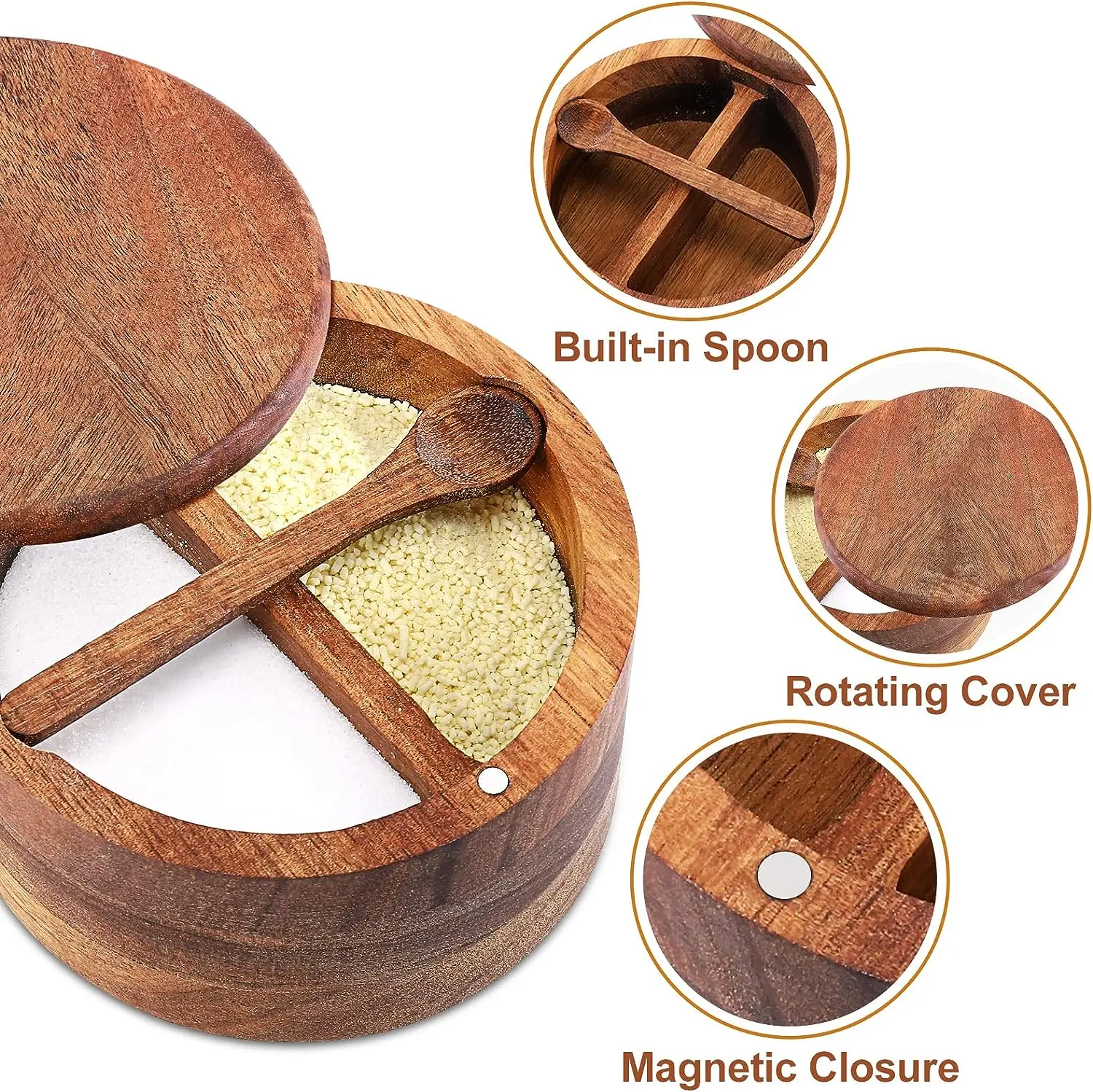 custom premium sugar bowl salt cellar box bowl wood seasoning round acacia wood salt and pepper bowl container