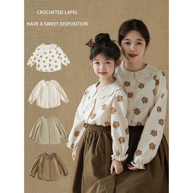 Big Children Shirt Long-Sleeved Parent-Child Wear Crochet Lapel Retro Rose Flower Fashion Large Size Shirt Autumn Top