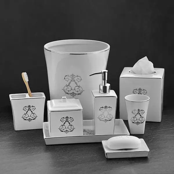 Simple Commercial White Floral Styles Eight-piece Porcelain Bathroom Accessories Set