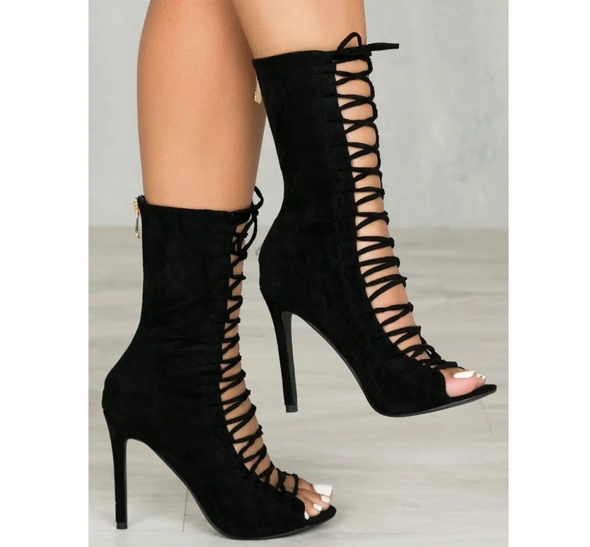 Lady Fashion Summer Front Lace Up High Heel Boots Sandals Mature Women Shoes