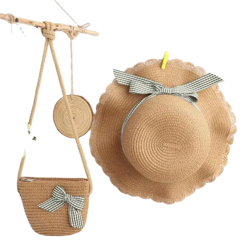 High quality wide brim straw  tote summer beach hat with matching  straw hat and bag set