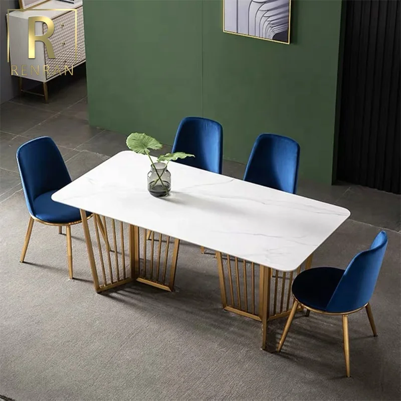 Fashionable home furniture modern popular high quality luxury modern white marble stone top rectangle long dining table