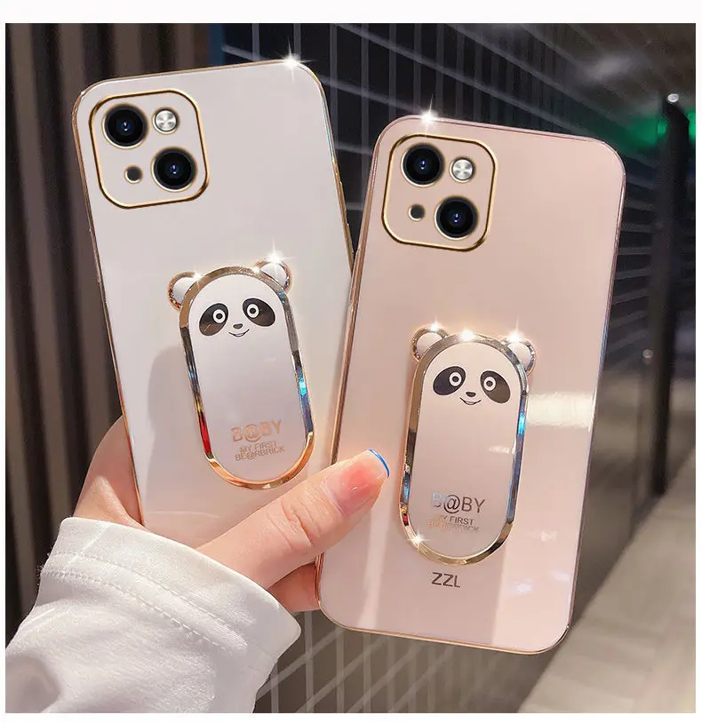 2022 The Latest 3D Electroplating Bear 6D Solid Color Phone Case With Holder Stand for iPhone 13/12/11/XR
