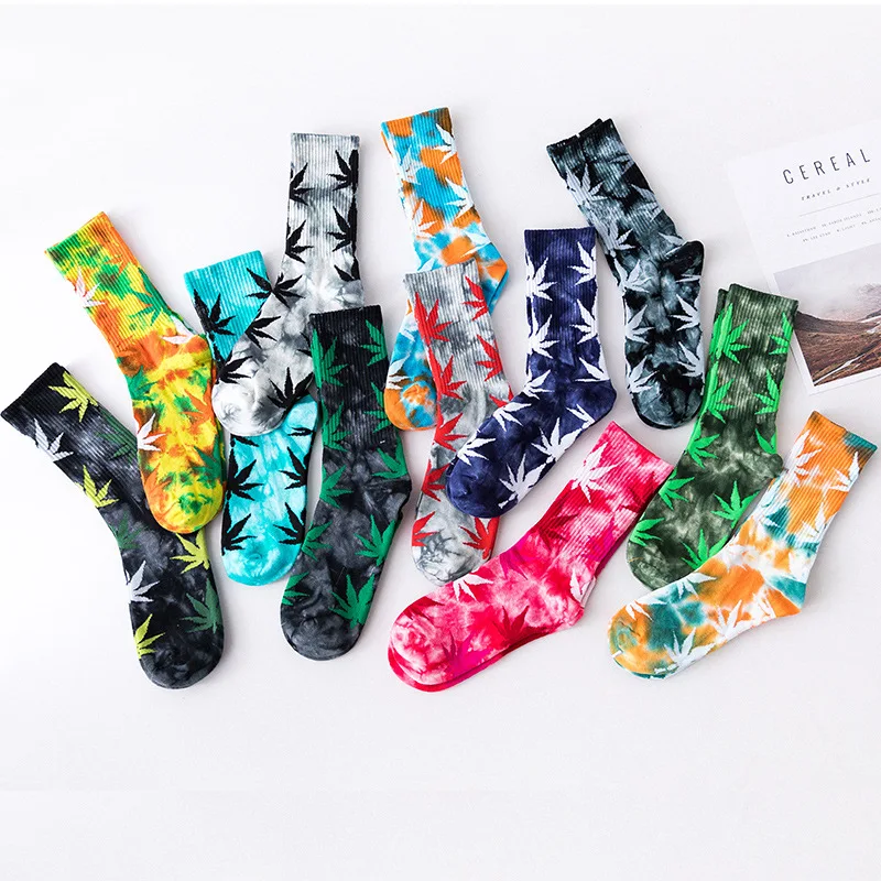 2022 Leaf Unisex Cotton High Socks Men Women Colorful Hemp Maple leaves Hip Hop Athletic Sports High Tie Dye Crew Weed Socks