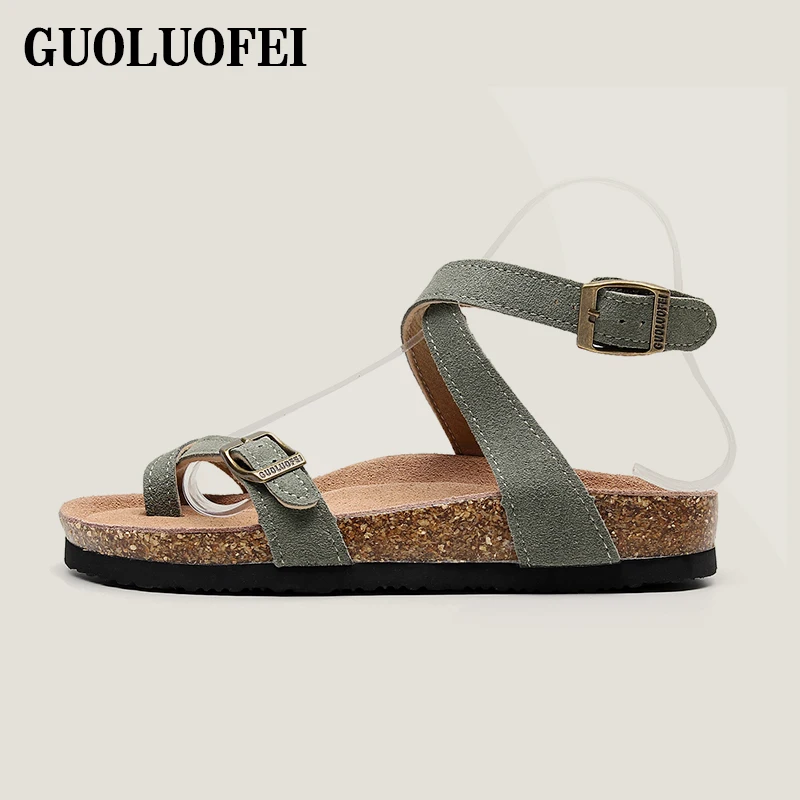 GUOLUOFEI Women Suede Cork Sandals Flat Buckle Casual Ankle Strap Sandals