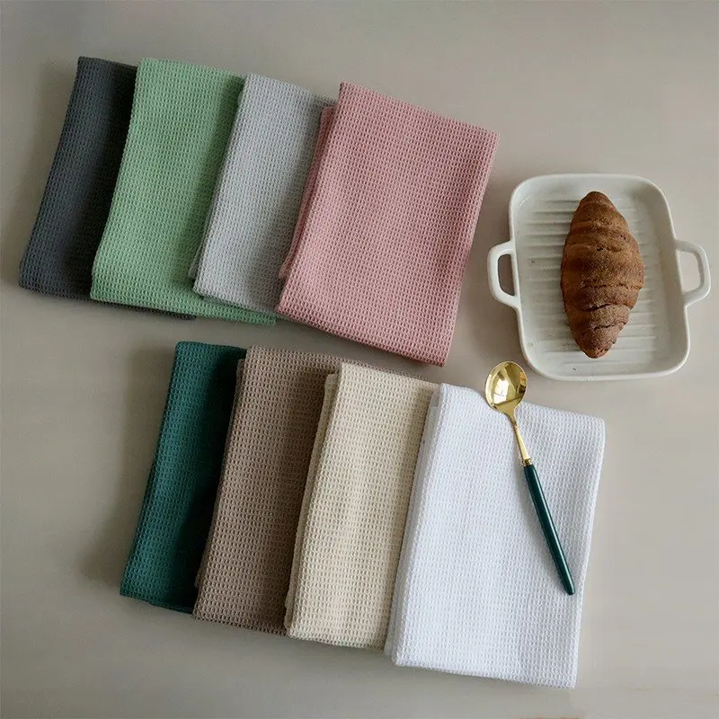 Eco Friendly Water Absorbent Custom Logo Natural Color 100% Cotton Waffle Dish Tea Cleaning Kitchen Towel