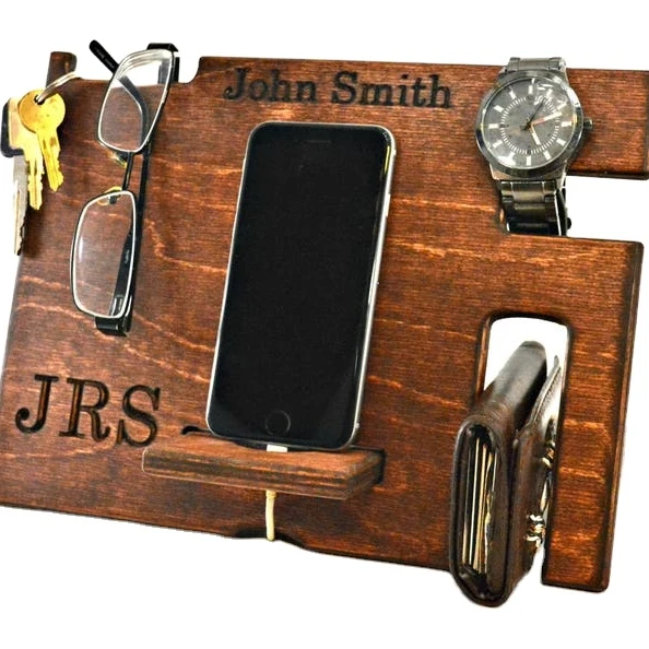 Wooden Phone Dock Charging Station Groomsmen Gift Desk Organizer Wood Phone Stand Tech gift Docking Station