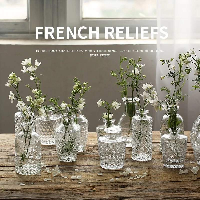 Lakuna Luxury Transparent French Style Glass Vase Small Vintage Vase Ins Style Home Decoration Mini Flower Vase