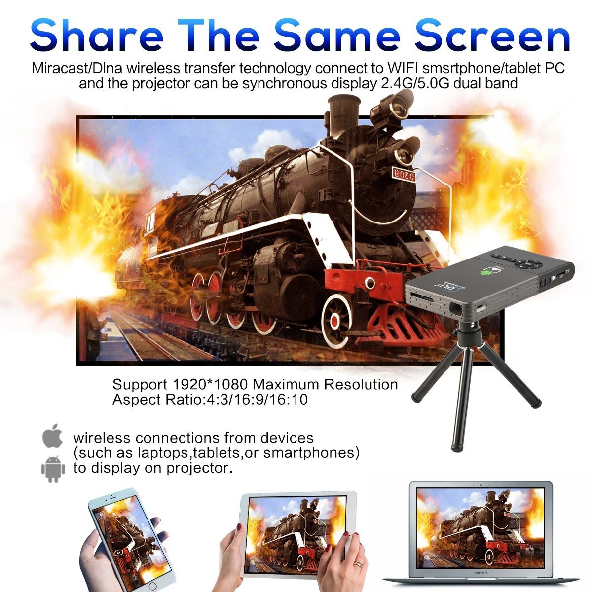 Hot Product Android 9.0 70 ANSI Lumens WVGA 854*480 Support 4K video Mini Projector Portable for Business Home Education