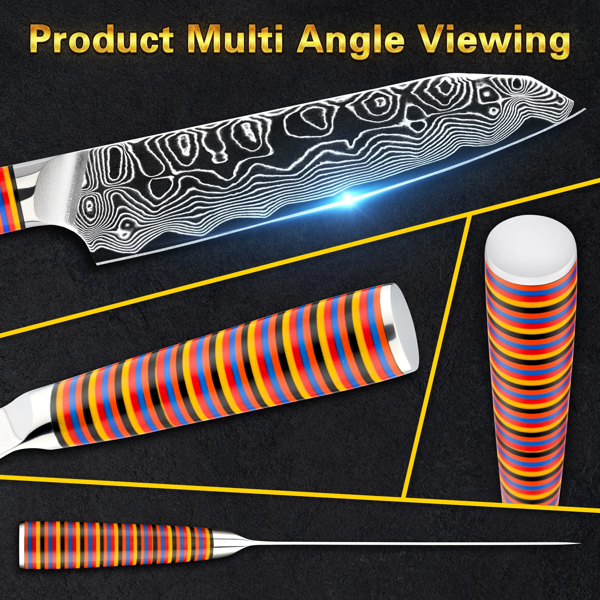 10% off RTS coloured kitchen knives set G10 Handle vg10 damascus knife set 62 hardness with rainbow G10 handle