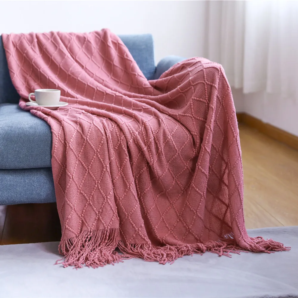 Wholesale Luxury Soft Decorative Throw Knitted Fringe Knit 100% Acrylic Textured Solid Home Throw Blanket