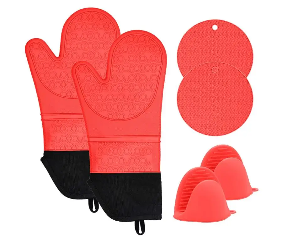 Silicone Oven Mitts and Pot Holders Set, 6 Piece Set with 2 Hot Pads,2 silicone cotton glove and 2 Mitts