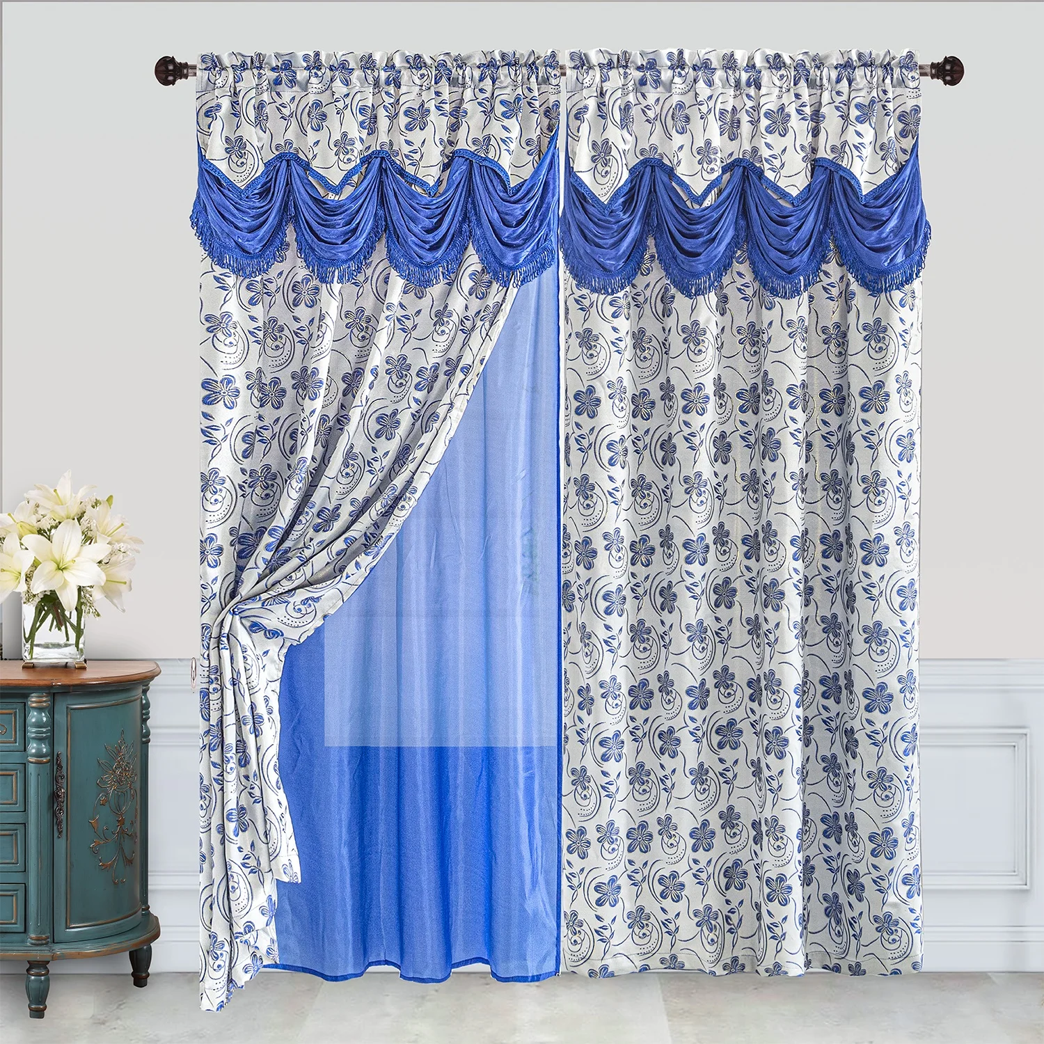 Multi-color luxury design jacquard window curtain panel with attached waterfall valance taffeta backing included for home