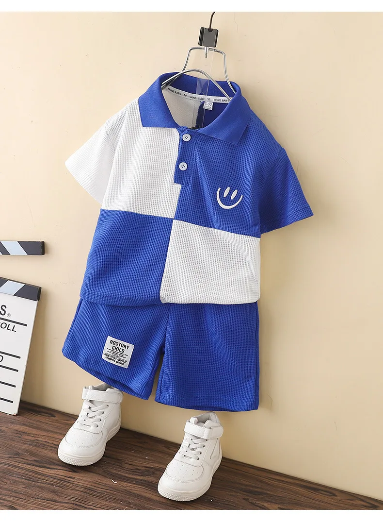 Summer waffle knitting matching color polo short Sleeves T-shirt short Shorts 2pcs kids clothes set with smile emb