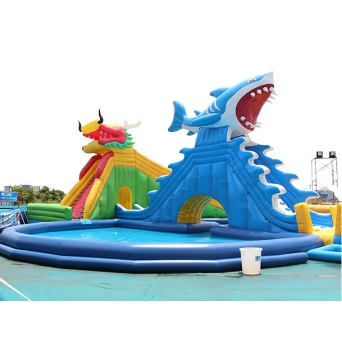 China factory inflatable water park/pvc inflatable water slide Dragon Shark Slide with large swimming pool for sale
