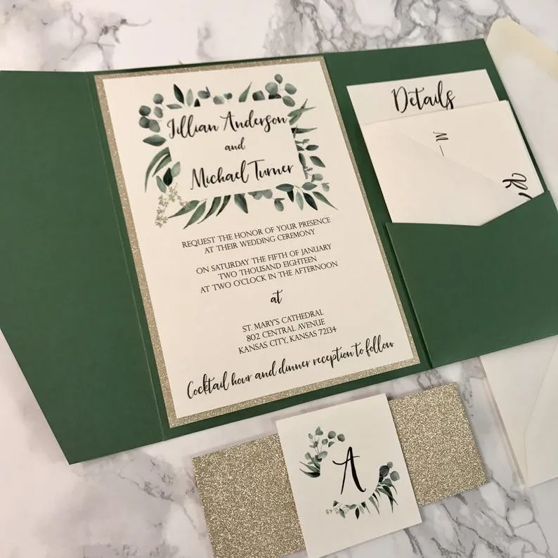 Eucalyptus and Forest Green Pocket Wedding Invitations