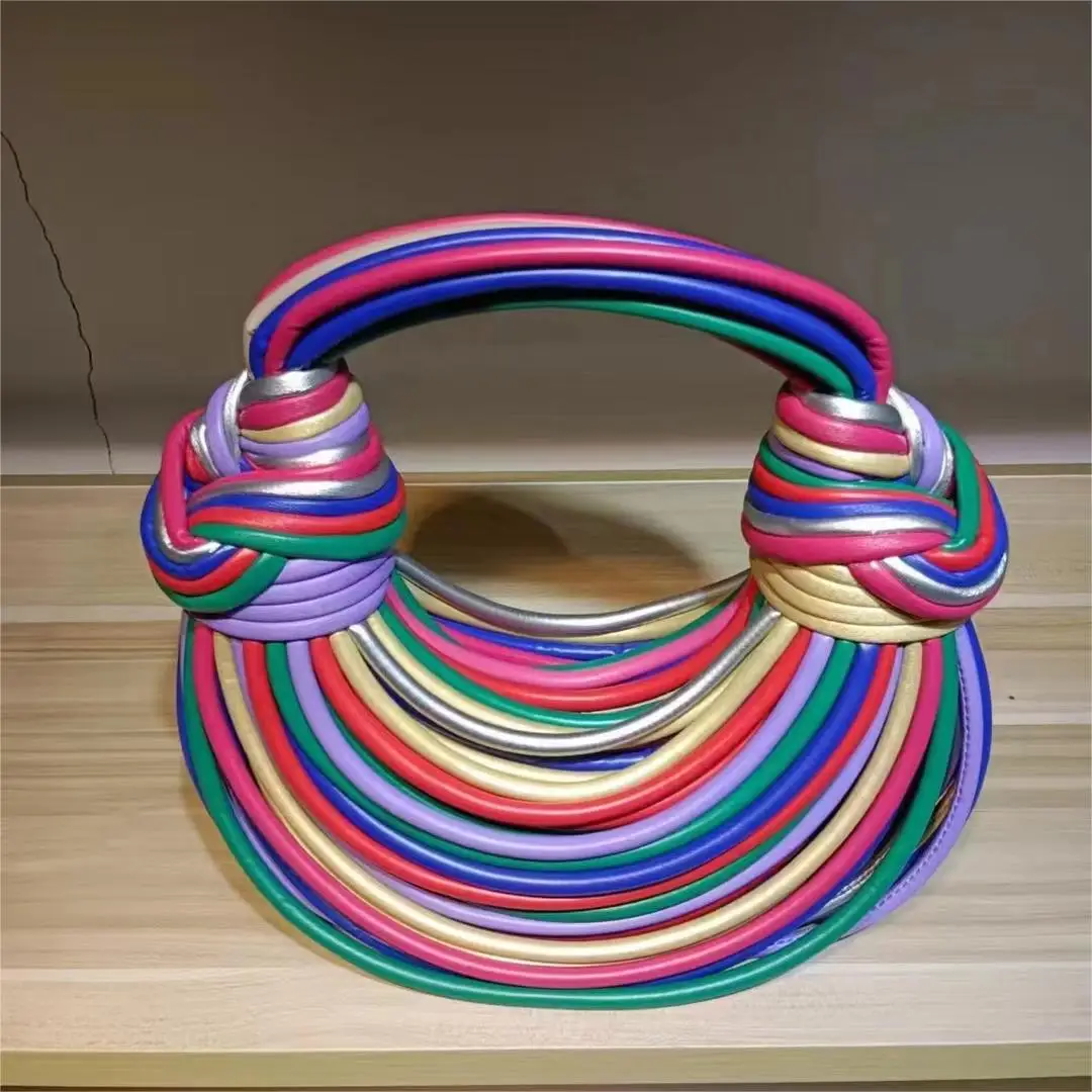 2024 New Fashion Luxury Designer Handbags Woven Noodle Rope Knotted Pulled Clutch Bag Rainbow Mini Handbag for Women