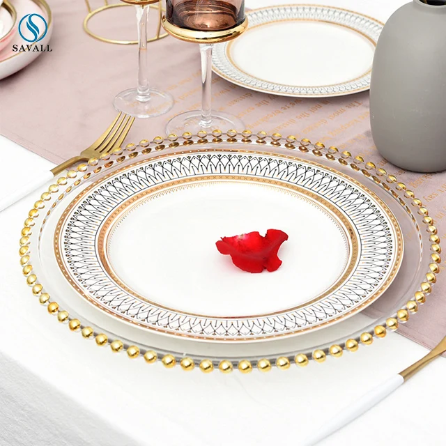 Savall HoReCa OEM Gilded Edge Plate Round Glass Beaded Wedding Charger Plates Fruit Salad Dish Service Plate Gold Plated Dish