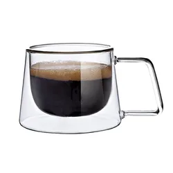 Wholesale BPA Free Double Wall Borosilicate Glass Coffee Tea Cup, Clear Reusable Insulated Glass Drinking Coffee Mug With Handle