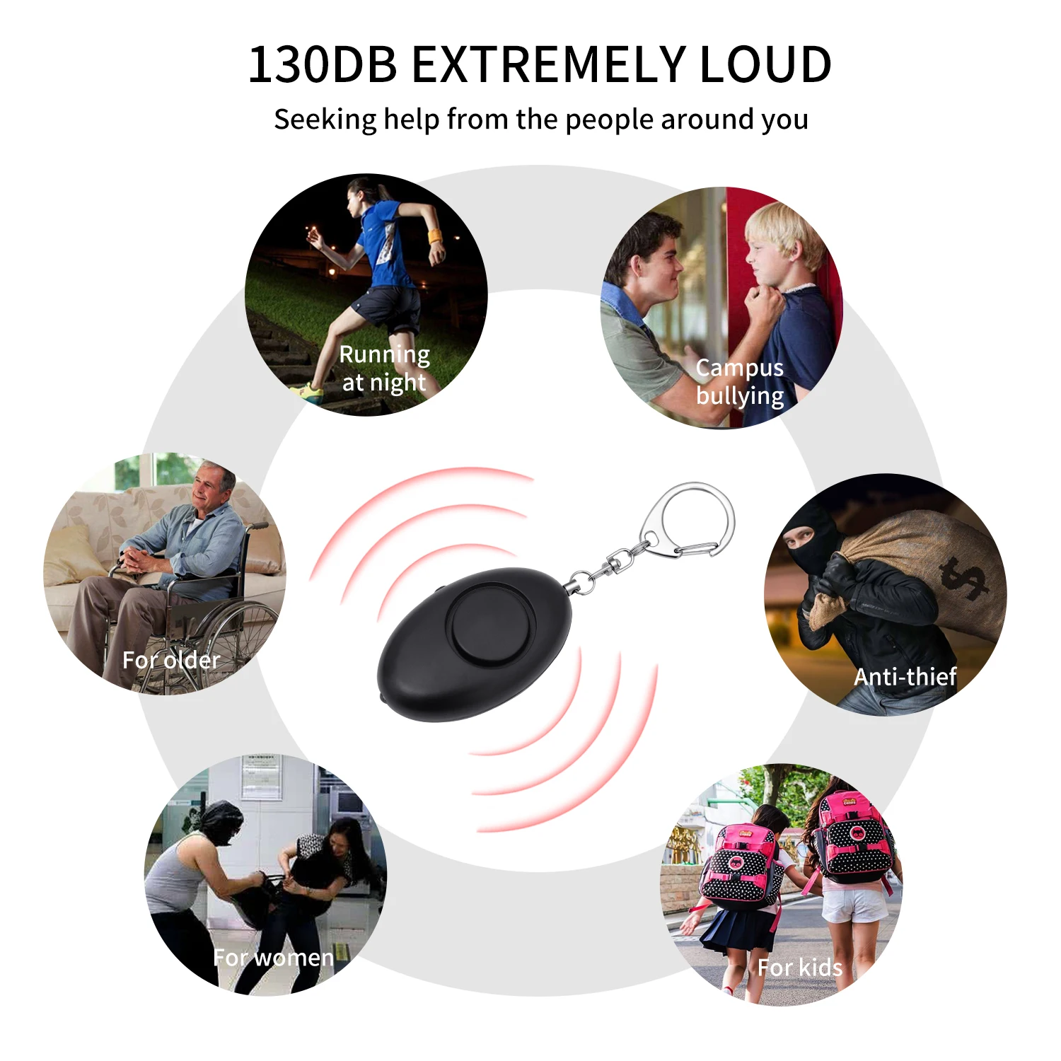 Anti Attack Self Defense Personal Alarm Keychain for Women 125 dB Security Panic Button Siren with LED Flashlight