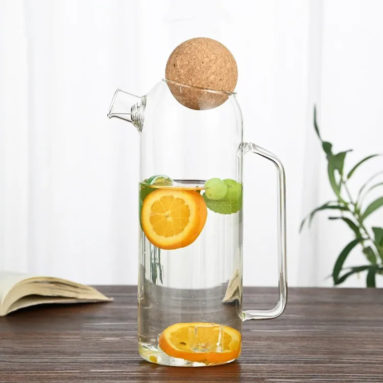 Wholesale Clear Insulated High Borosilicate Glass Carafe Pitcher With Cork Ball Lid and Handle for Water Tea Beverage