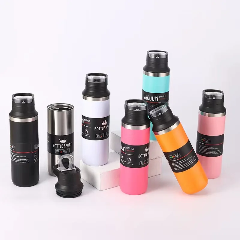 Wholesale 500ml 17oz Powder Coating Double Wall Stainless Steel Flask Sports Hiking Travel Thermos Water Bottle With Lid  Handle