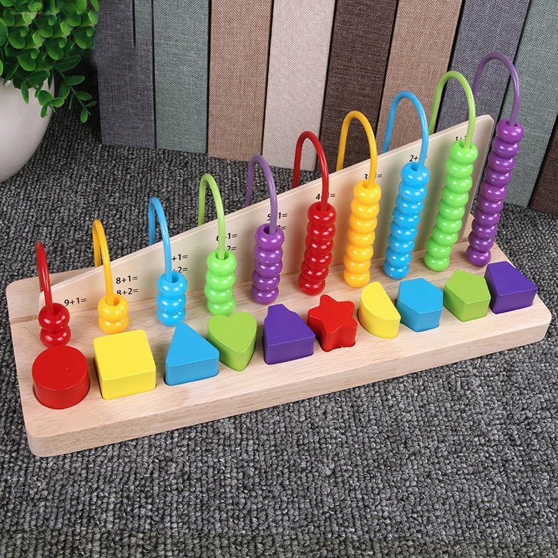 HOYE CRAFT Multicolor Wooden Abacus Soroban Toys Counting Calculation Shelf Blocks Shape Matching board