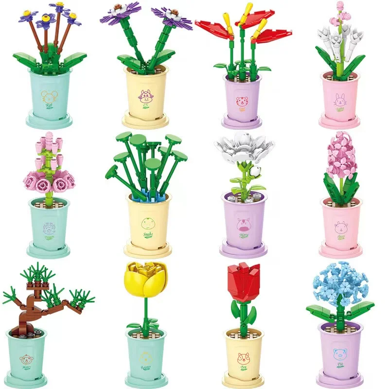 LELE BROTHER New Ornaments Succulent Potted Brick Toys Mini Coffee Cup Flower Rose Building Block Girls Gift set