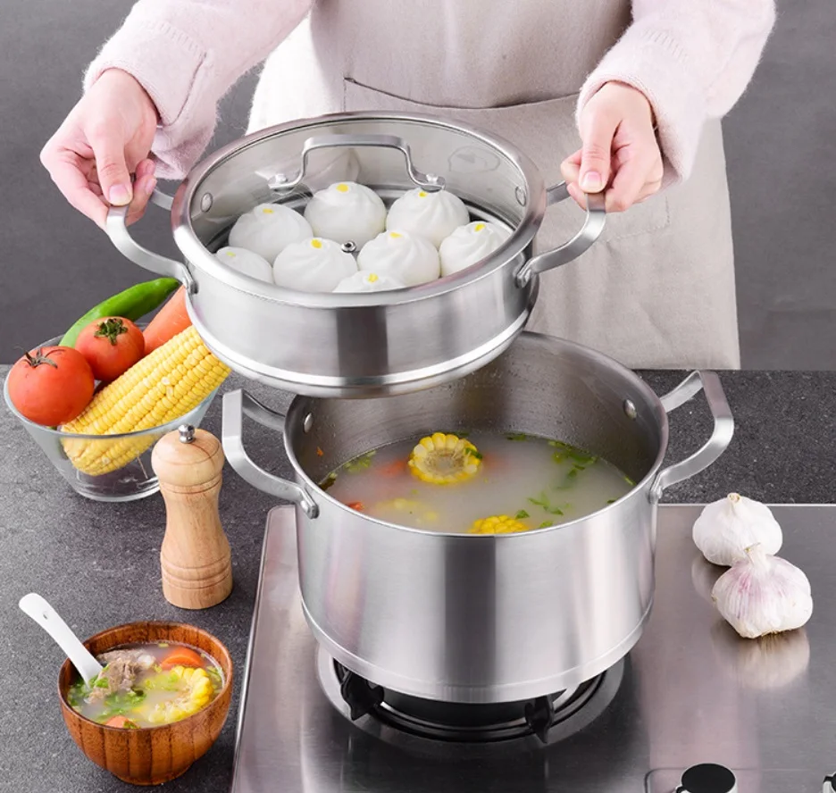 Hot sale food grade large capacity stainless steel non stick composite bottom cookware soup stock pot with steamer steamer pot