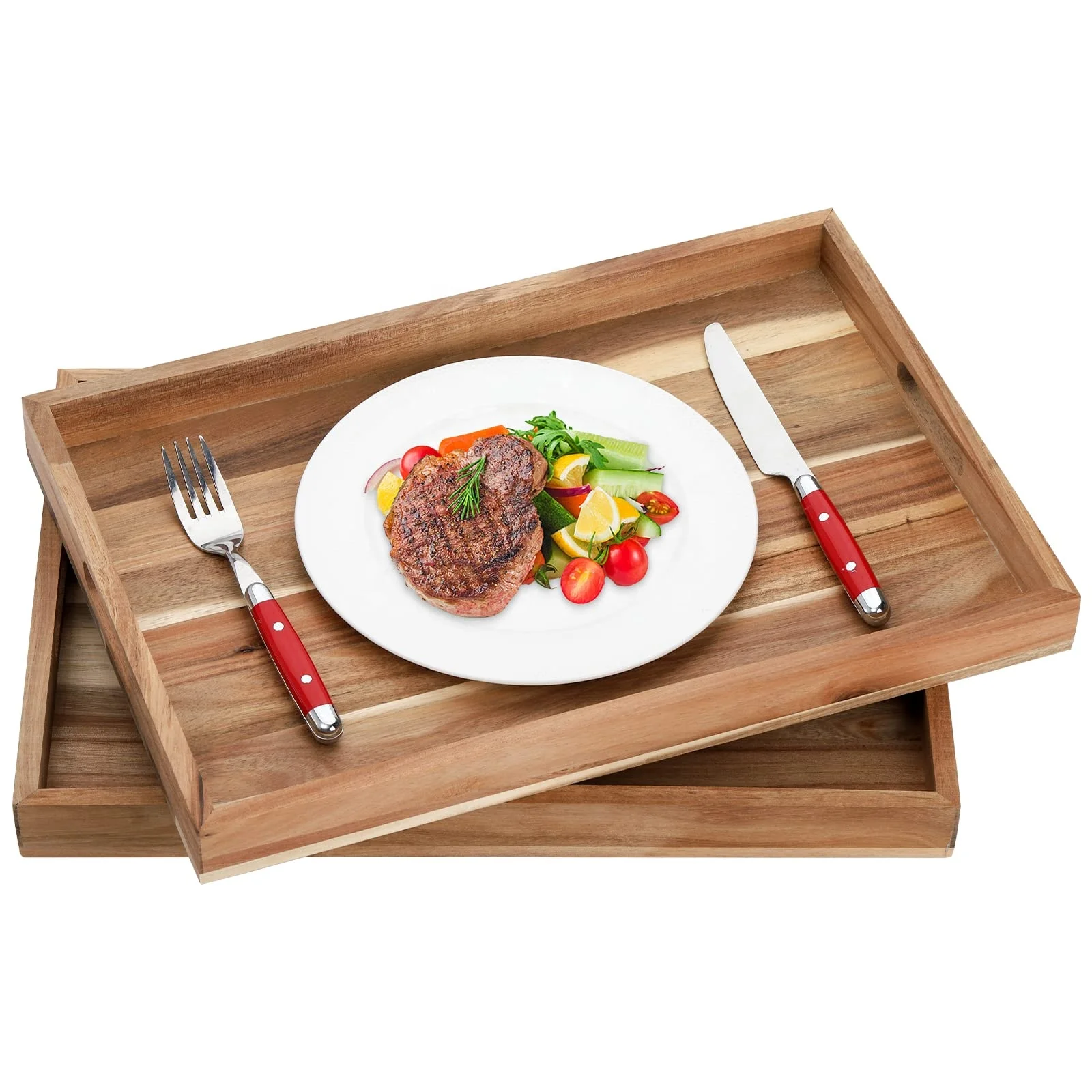 Selling modern country farmhouse Home Vintage brown acacia wooden breakfast food service tray portable wood serving tray
