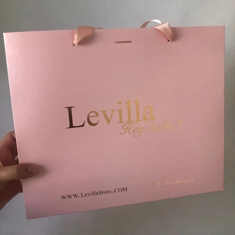 custom logo Personalized gift paper Bag with satin ribbon handles for your business, presentation, event, party