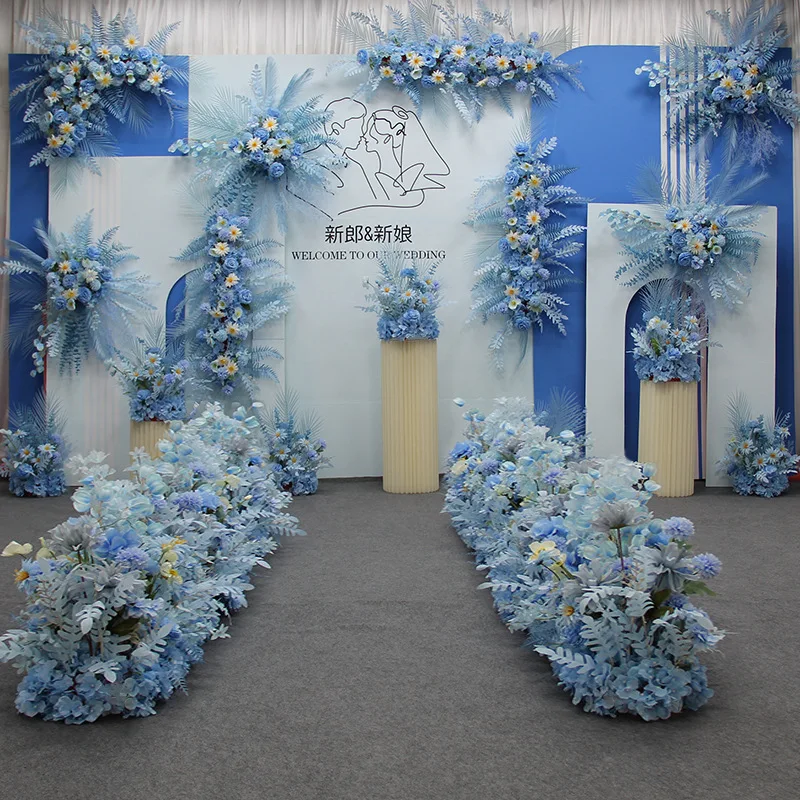 Wedding Decorative Flower Wedding Blue Floral Set with Feather for Wedding Backdrop