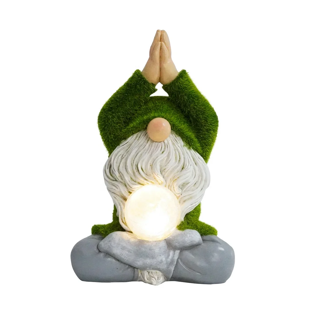 OEM palms together artificial moss finished sitting meditating polyresin gnome statue decor garden craft with solar light